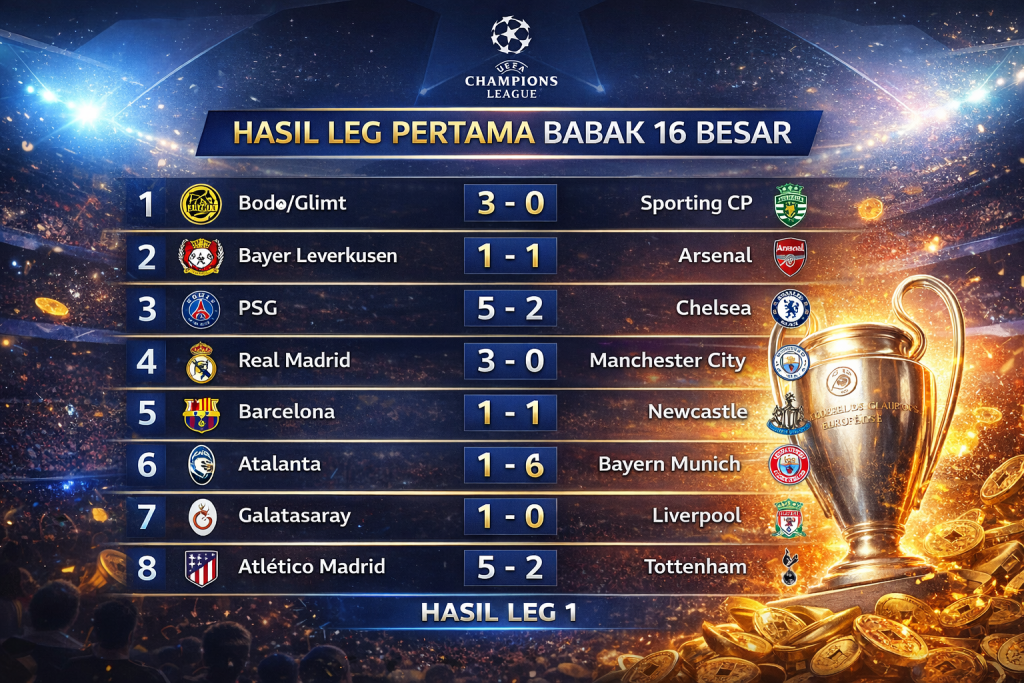 Hasil Skor Leg Pertama Champions League 2026 babak 16 besar 